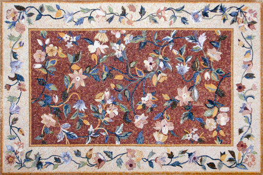 Flower Border Marble Mosaic Rug: Handmade Stone Tile Rug