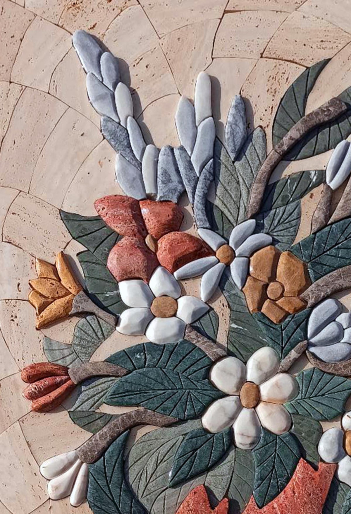 Embossed Red Vase Mosaic Wall Art: Handmade Marble Tile Floral Design (16x24")