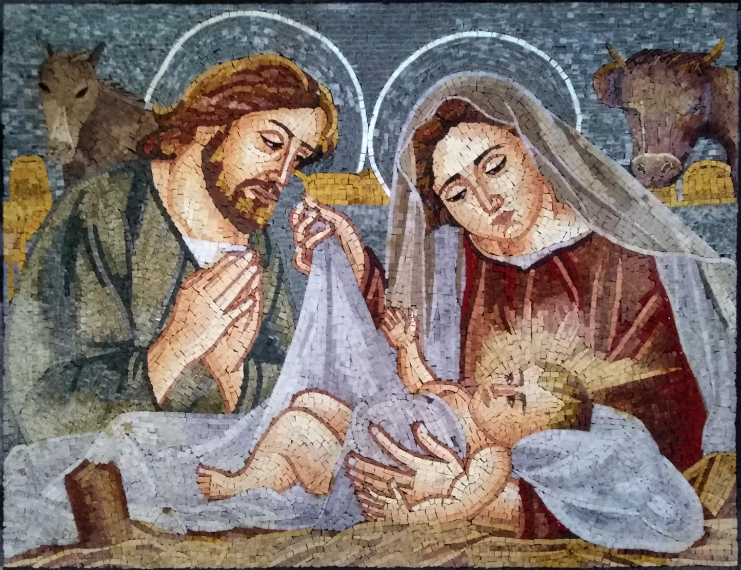 Handmade Holy Family Marble Mosaic: Christian Religious Decor 48"x36"