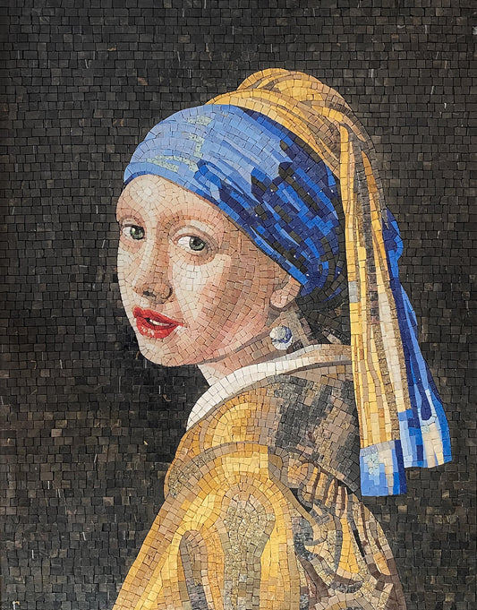 34x28  Girl with a Pearl Earring Mosaic – Vermeer Reproduction, Framed Wall Decor, Customization Available