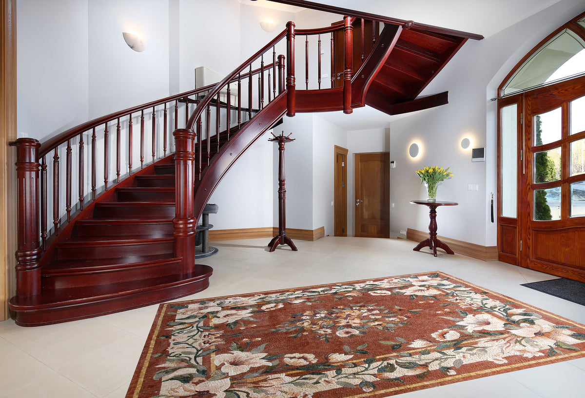 Floral Marble Stone Rug: Handmade Mosaic Carpet (96” x 80")