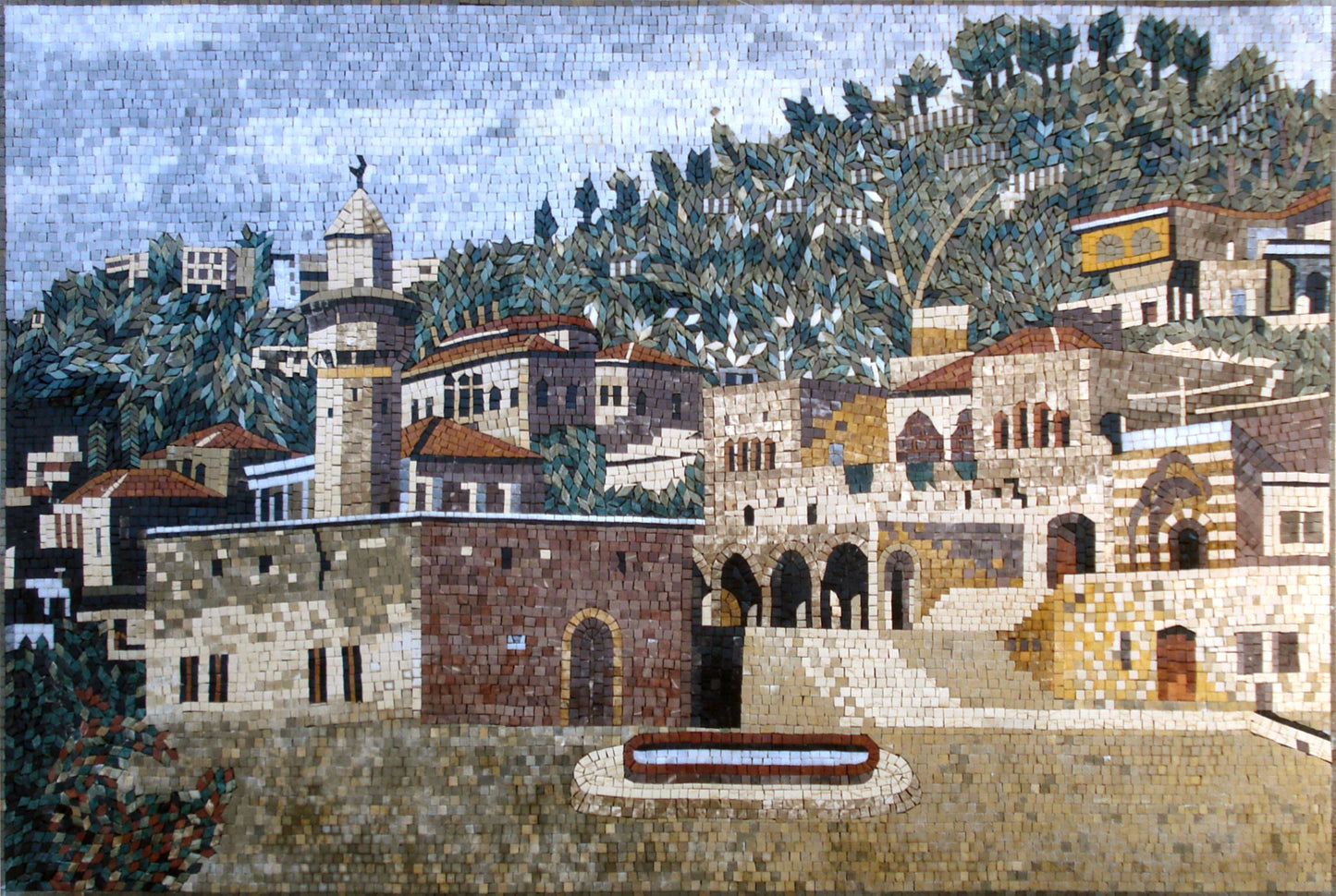 Handmade Marble Mosaic Tile: Middle Eastern Old City Landscape
