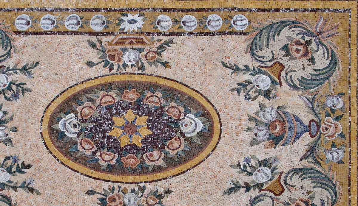 Handmade Marble Mosaic Rug: Floral Stone Medallion, Home Decor