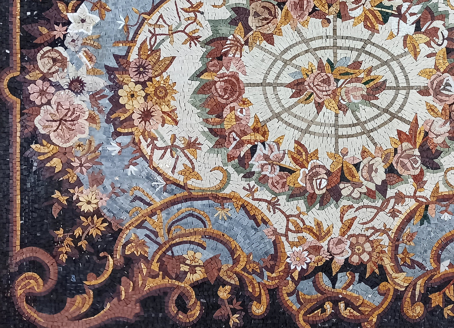 Handmade Marble Mosaic Rug: Floral Medallion Design (88” x 60")