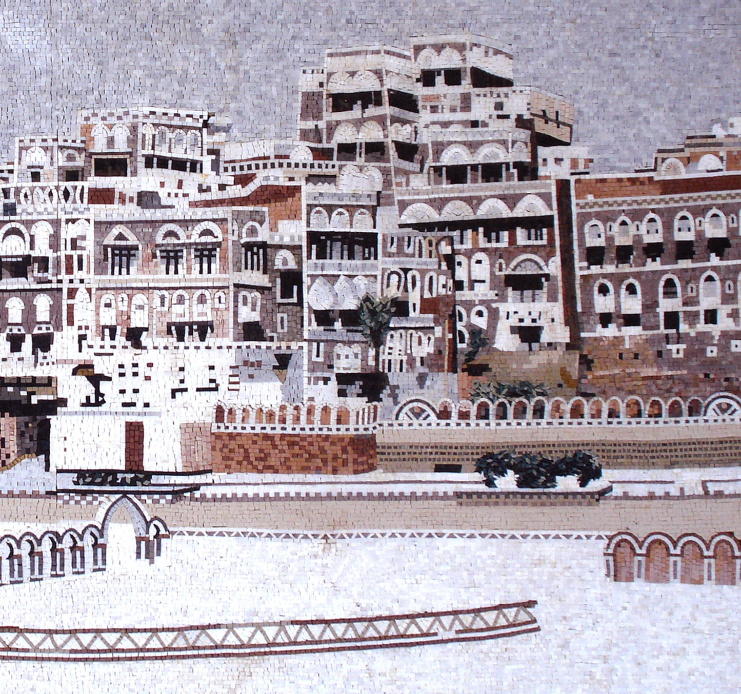 Handmade Yemen City Mosaic Mural: Stone & Marble Wall Art