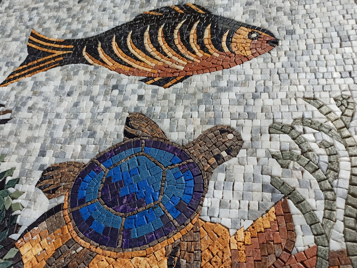Handmade Marble Mosaic Tile: Sea Life Mural (92” x 22")