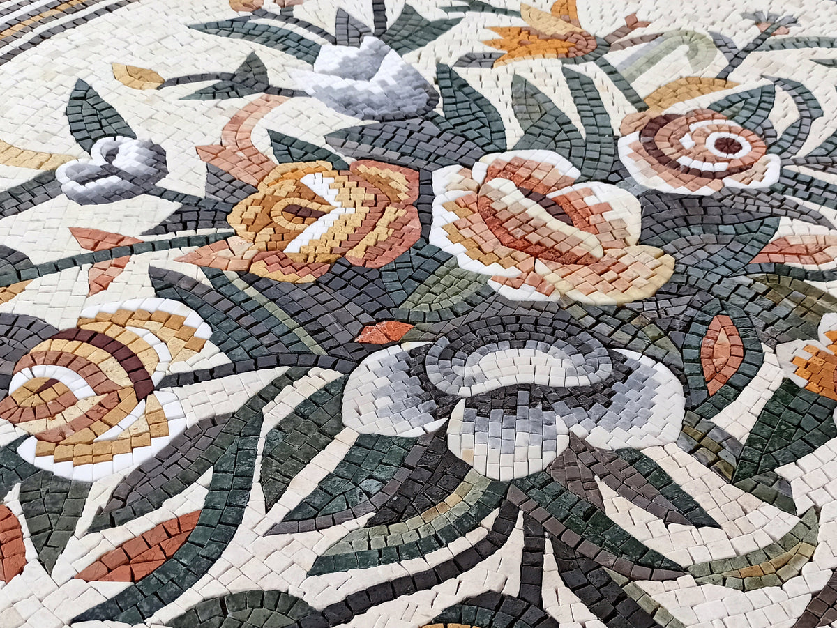 Handmade Marble Mosaic Tile: Colorful Roses, Greek Key Border (40x40)