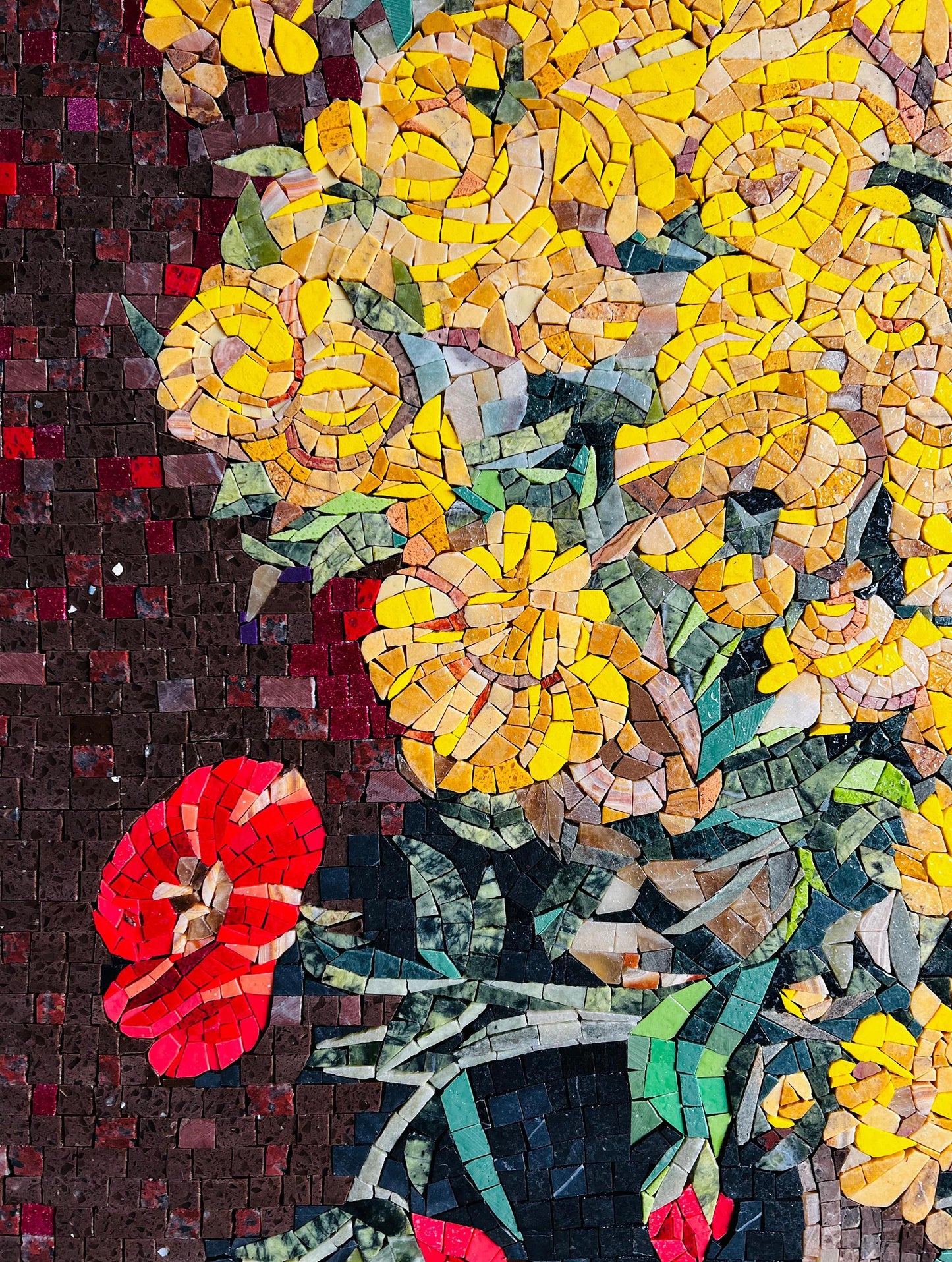 28"x24" Red & Yellow Flower Mosaic Wall Art – Vibrant Floral Home Decor, Customization Available