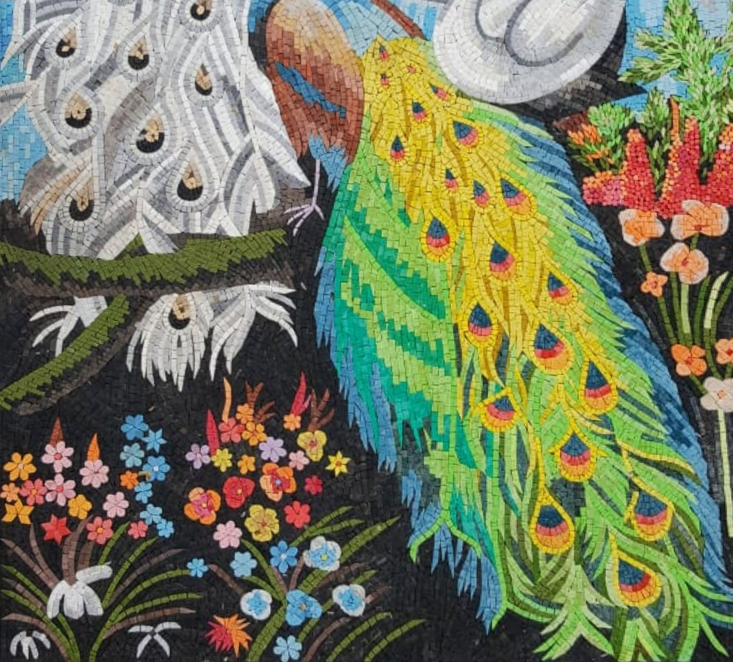 Handmade Peacock Mosaic Mural: Marble Tile Artwork (52” x 40")