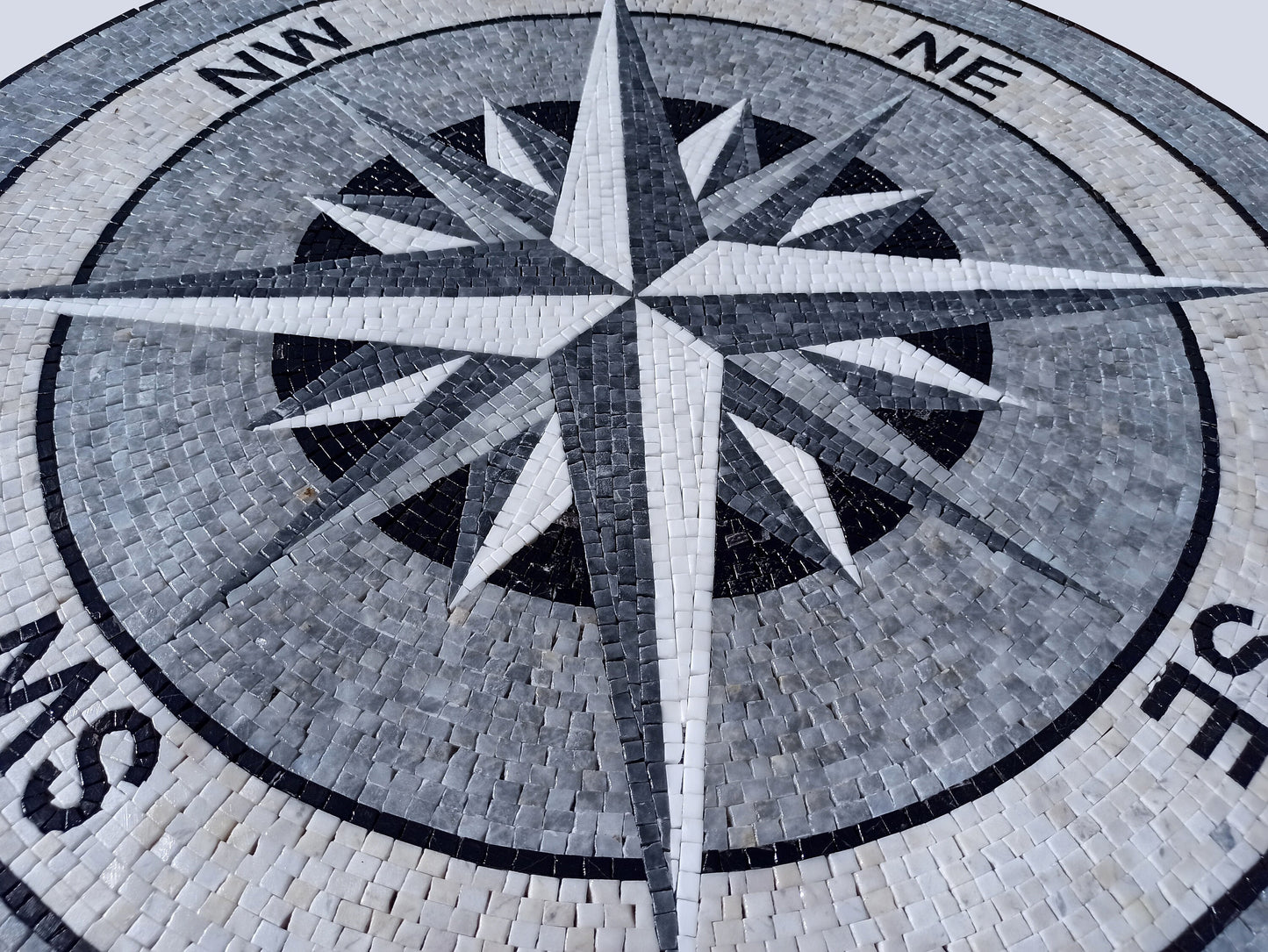 Nautical Compass Mosaic Tile Art: Handmade Marble Medallion (32" Diameter)