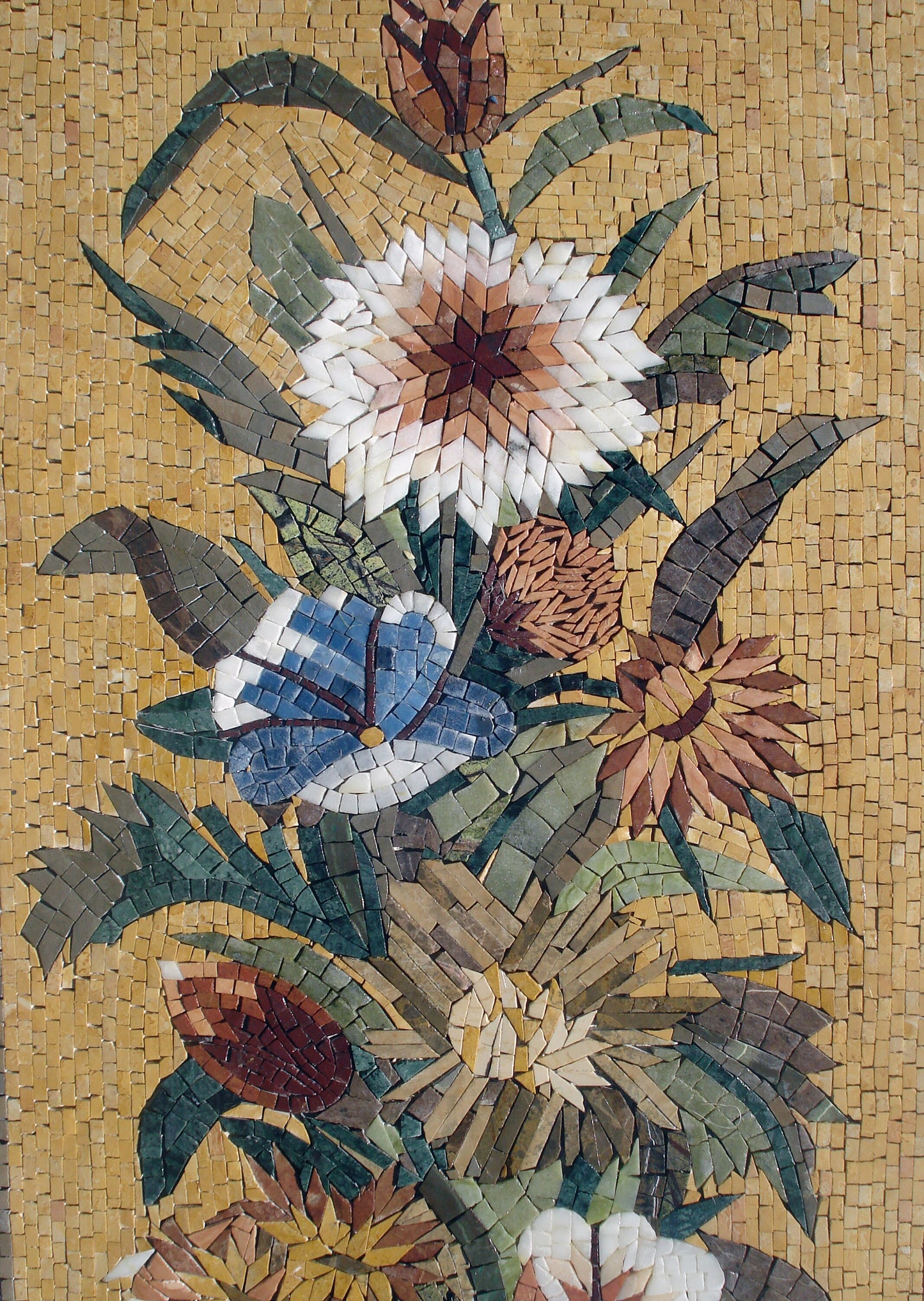 48" Handmade Vertical Mixed Floral Bouquet In Vase Mosaic Marble Tiles For Interior Wall