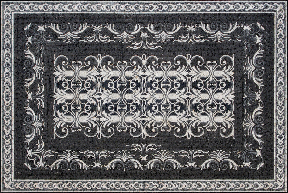 Handmade Marble Mosaic Rug: Black and White Floral Carpet (80” x 54")
