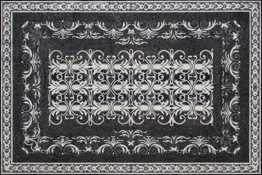 Handmade Marble Mosaic Rug: Black and White Floral Carpet (80” x 54")