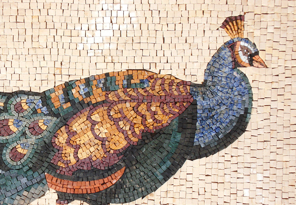 Handmade Peacock Mosaic Tile Art: Stone Backsplash (52” x 36")