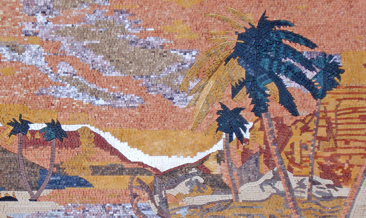 Handmade Desert Mosaic Tile Art: Palm Trees, Lake, Marble Stone