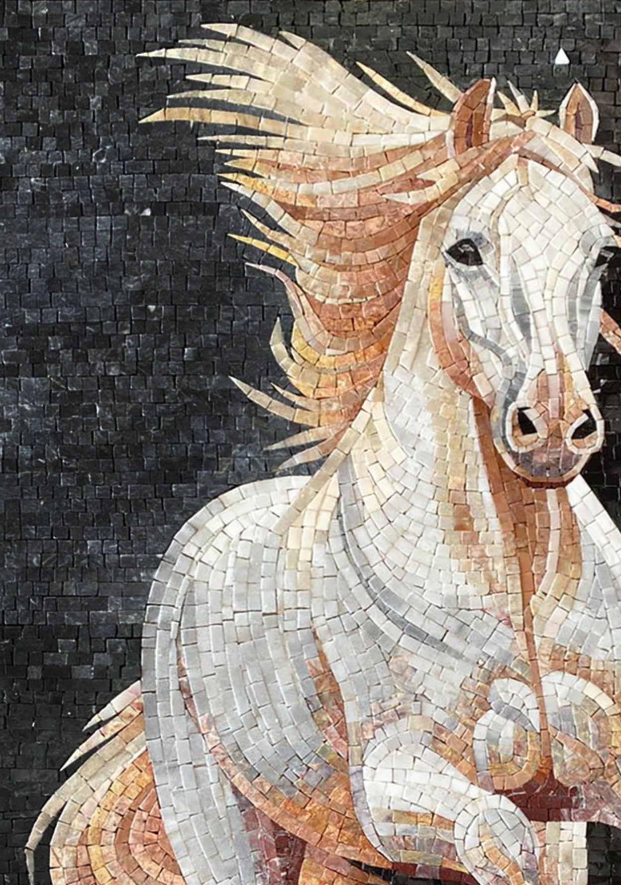 Handmade Marble Horse Mosaic Tile Art: Running Stallion Portrait