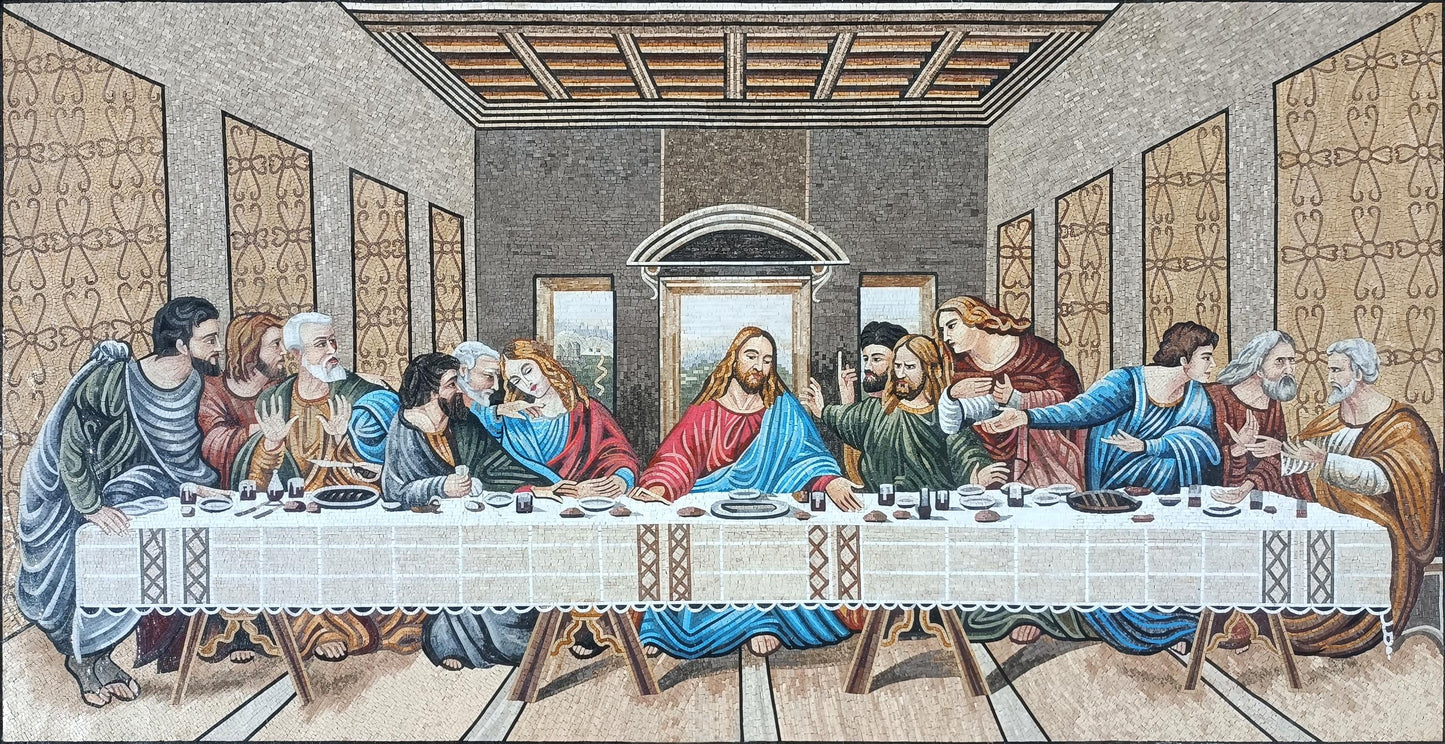80"x40" Ancient People Having Dinner Mosaic Wall Art -  Historical Dining Scene, Classical Home Decor, Customization available