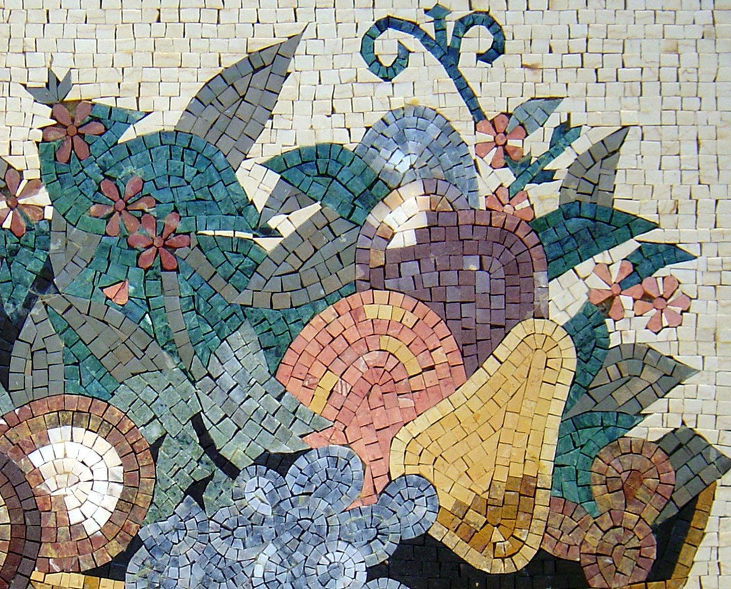 Handmade Fruit Basket Mosaic: Marble Stone Backsplash (30” x 20")