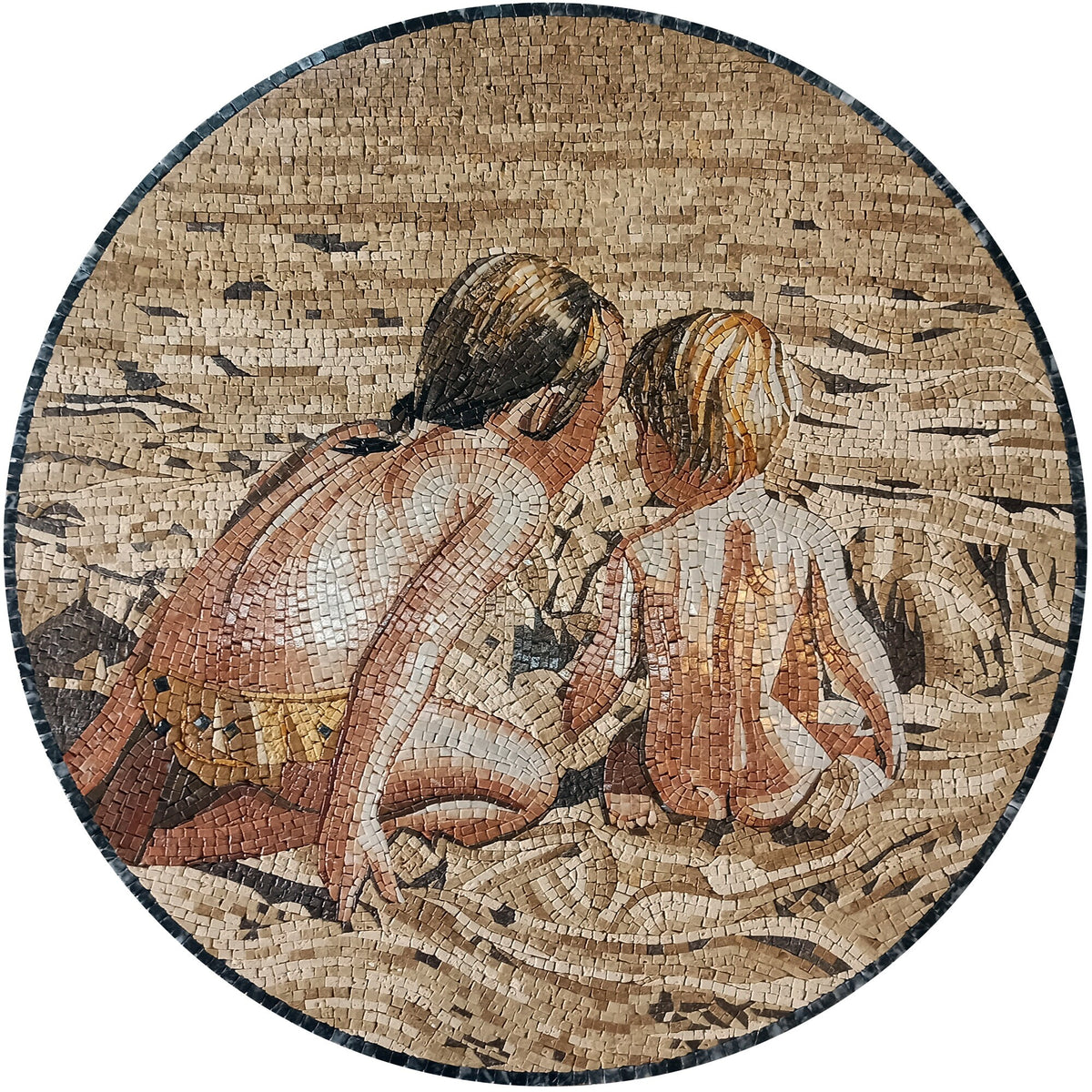 Handmade Beach Mosaic Tile: Children Playing in Sand, Marble Medallion (36" Diameter)