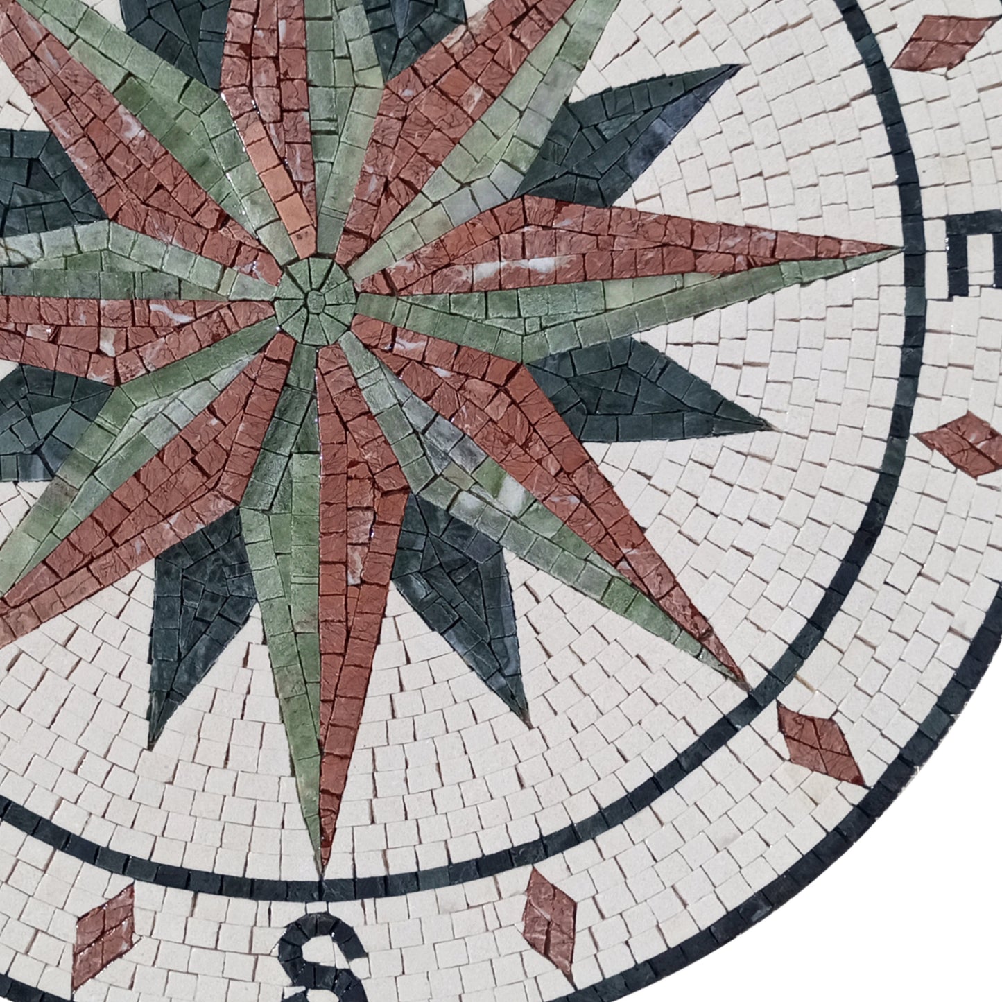 Handmade Compass Rose Mosaic Medallion Tile Art: Pink & Green Marble (32")