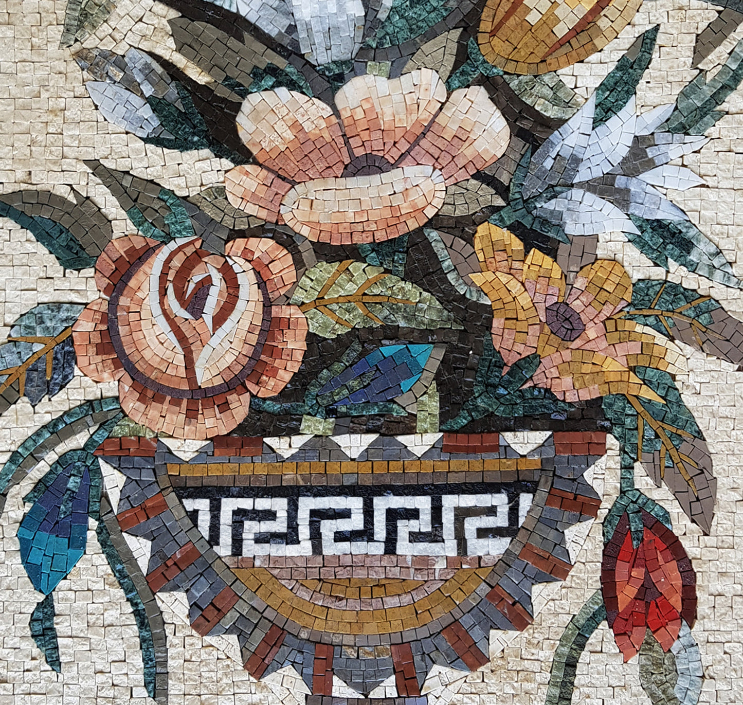 Handmade Marble Mosaic Tile Art: Floral Bouquet in Greek Vase (36” x 24”)