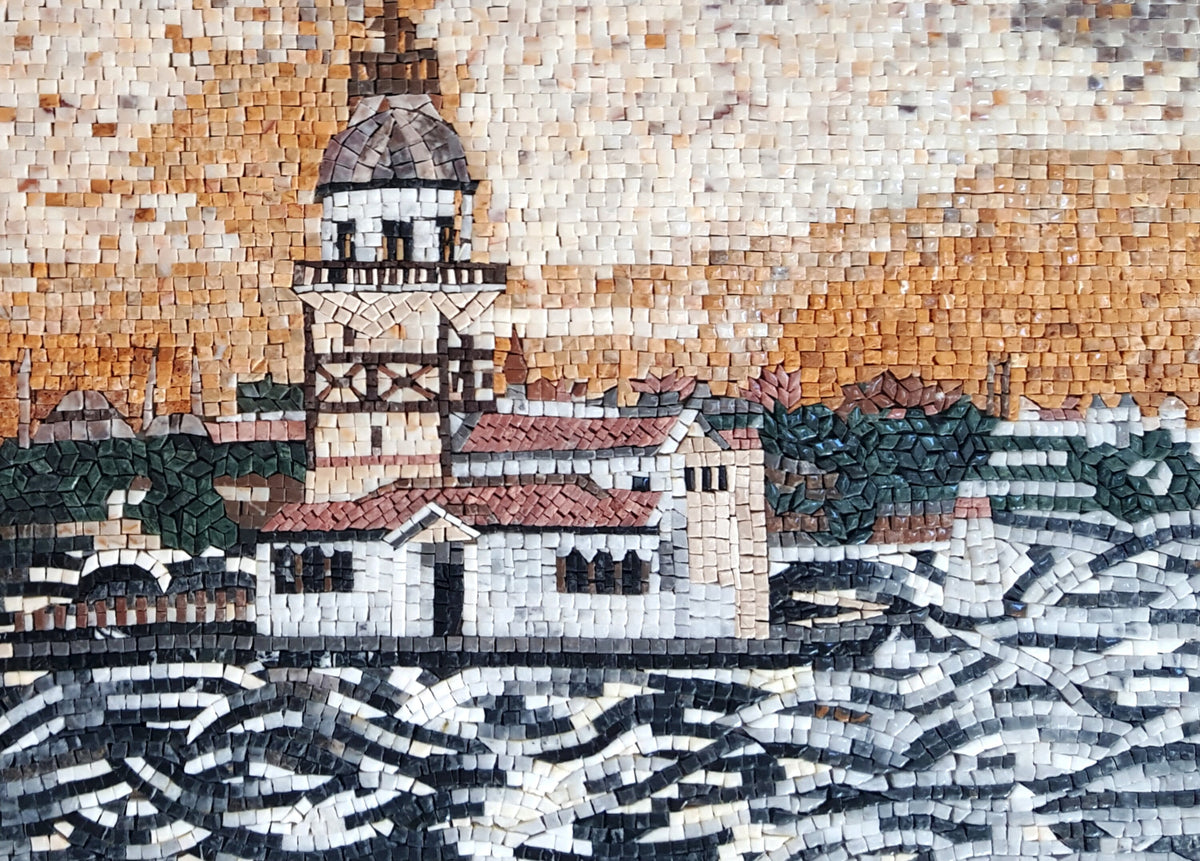 Coastal City Marble Mosaic Tile Art: Handmade Wall Decor (32” x 24”)