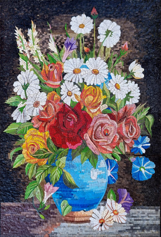48"x32" Handmade Floral Vase Marble Mosaic Tile Art – Customization Available