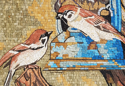 Handmade Nightingale Mosaic Tile Art: Bird on Branch, Marble & Stone (28” x 20”)