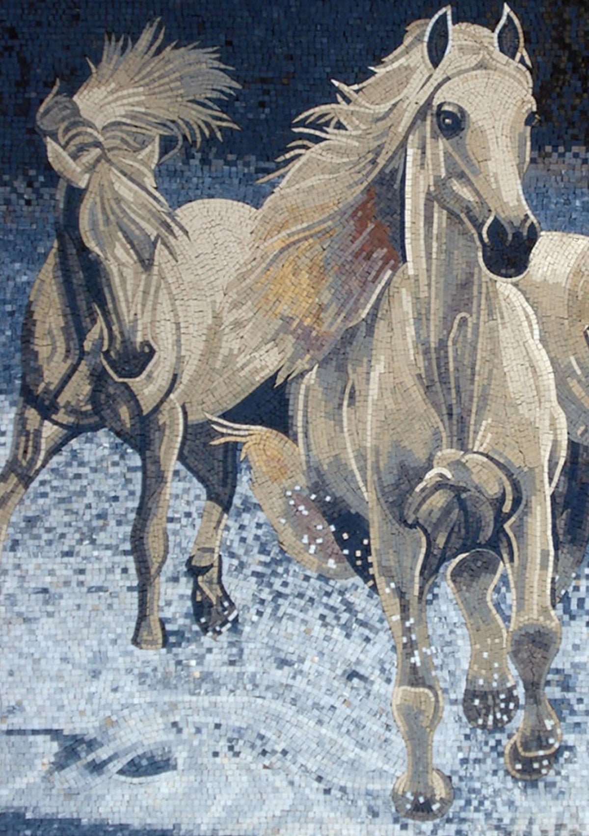 Handmade White Horse Mosaic Tile Mural: Marble Stone Animal Art (60” x 52”)