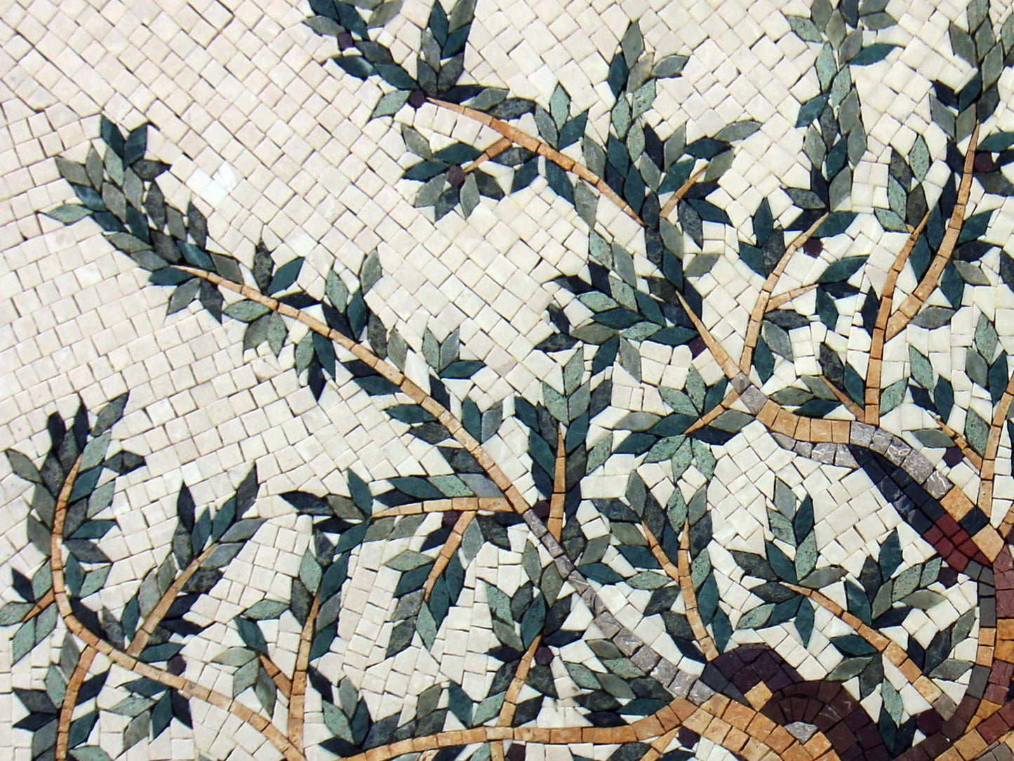 Olive Tree Mosaic Art Tile: Handmade Roman Medallion (32” x 24”)