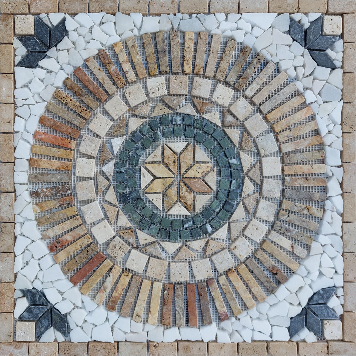 Handmade Flower Mosaic Medallion: Travertine Stone Art (24"x24")