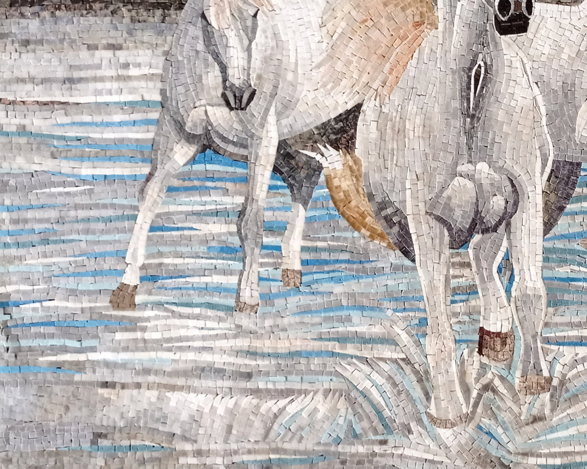 Handmade White Horse Marble Mosaic Mural: Animal Wall Art (60" x 48")