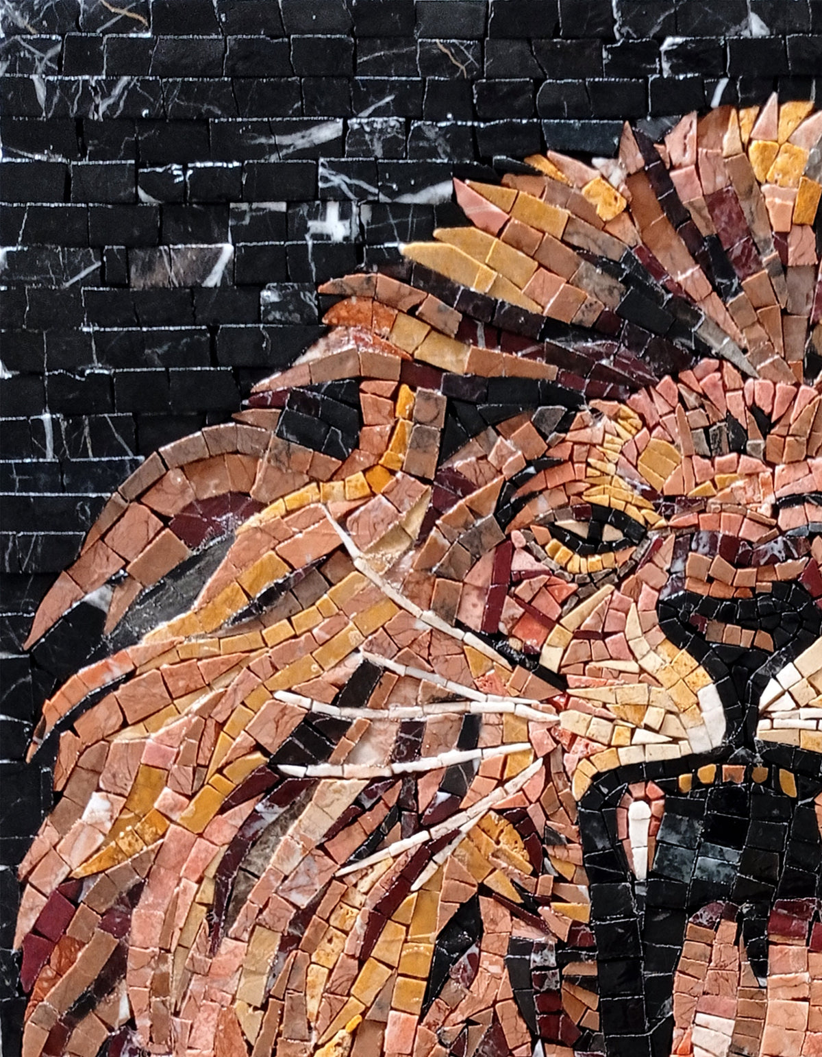 Handmade Lion Mosaic Mural: Roaring Face, Stone Tile Art (26x20)
