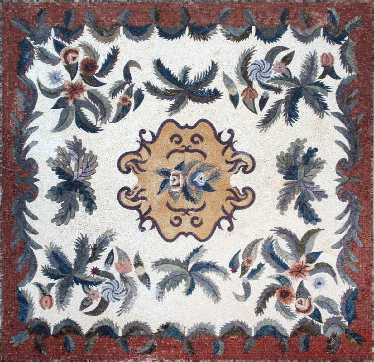 Mosaic Flower Carpet: Handmade Natural Stone Tile Rug (80x80")