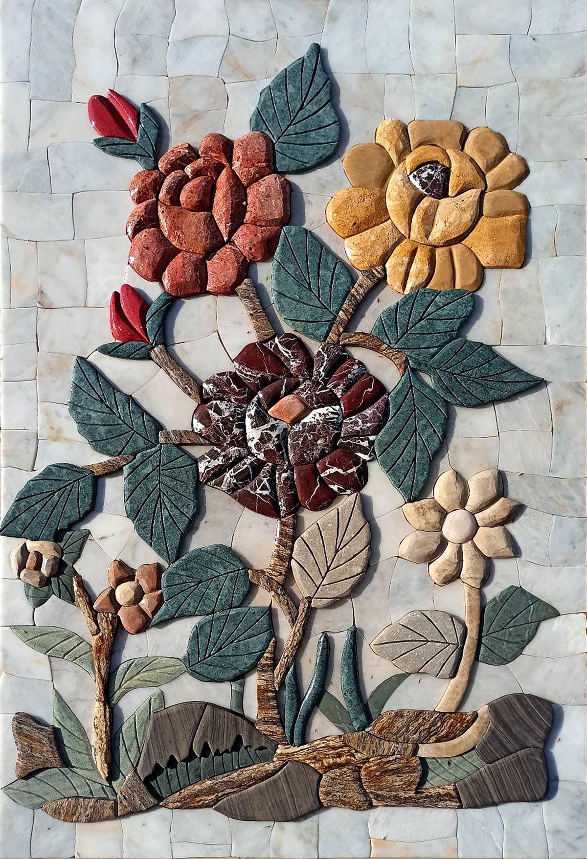 16"x24" Multicolored Flower Mosaic – Handmade Marble Tile Wall Art, Chunky Floral Design, Customization available