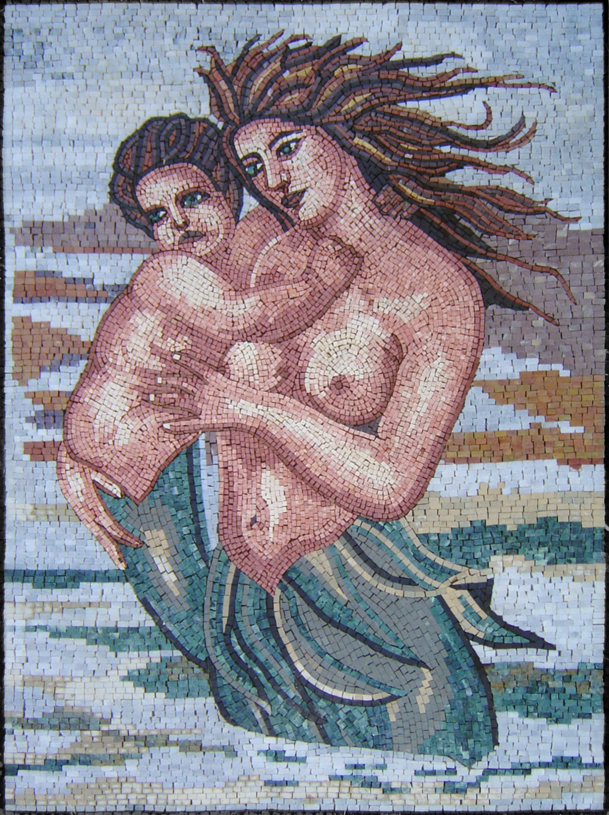 Handmade Mermaid and Child Marble Mosaic Tile Art (40” x 30”)