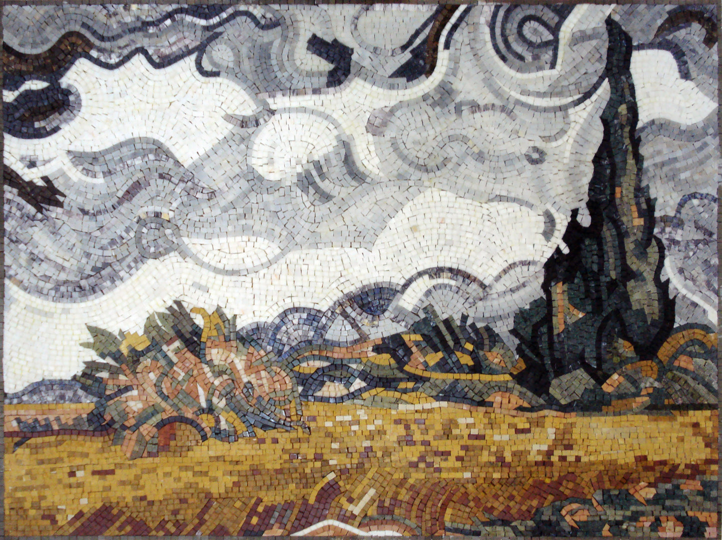 Handmade Marble Mosaic Tile Art: Van Gogh Wheat Field Wall Decor (40” x 30")