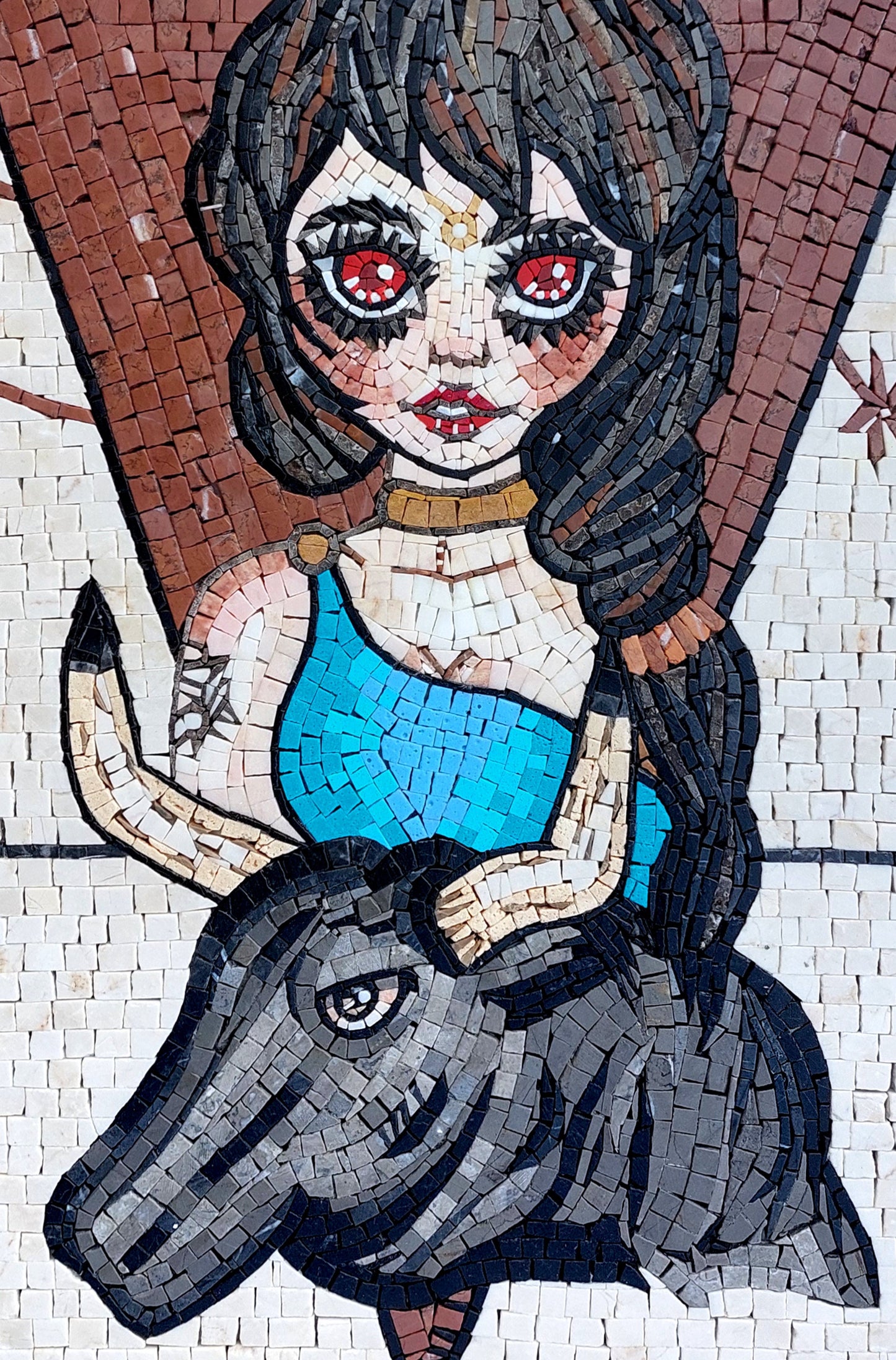 Handmade Taurus Zodiac Mosaic Tile: Red Eyes Girl Art (30x20)