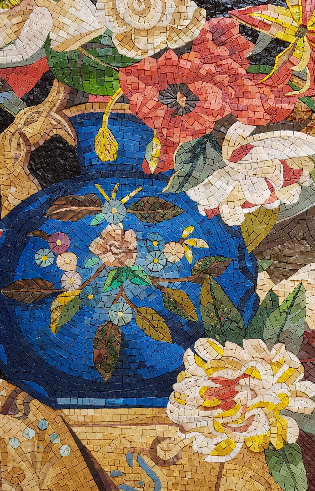 Flower Bouquet Mosaic Art: Roses in Blue Vase, Marble Interior Decor