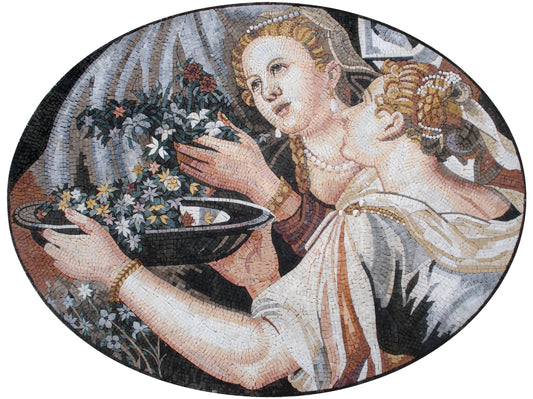 Handmade Women Portrait Mosaic Tile Mural: Wildflowers, Stone Art