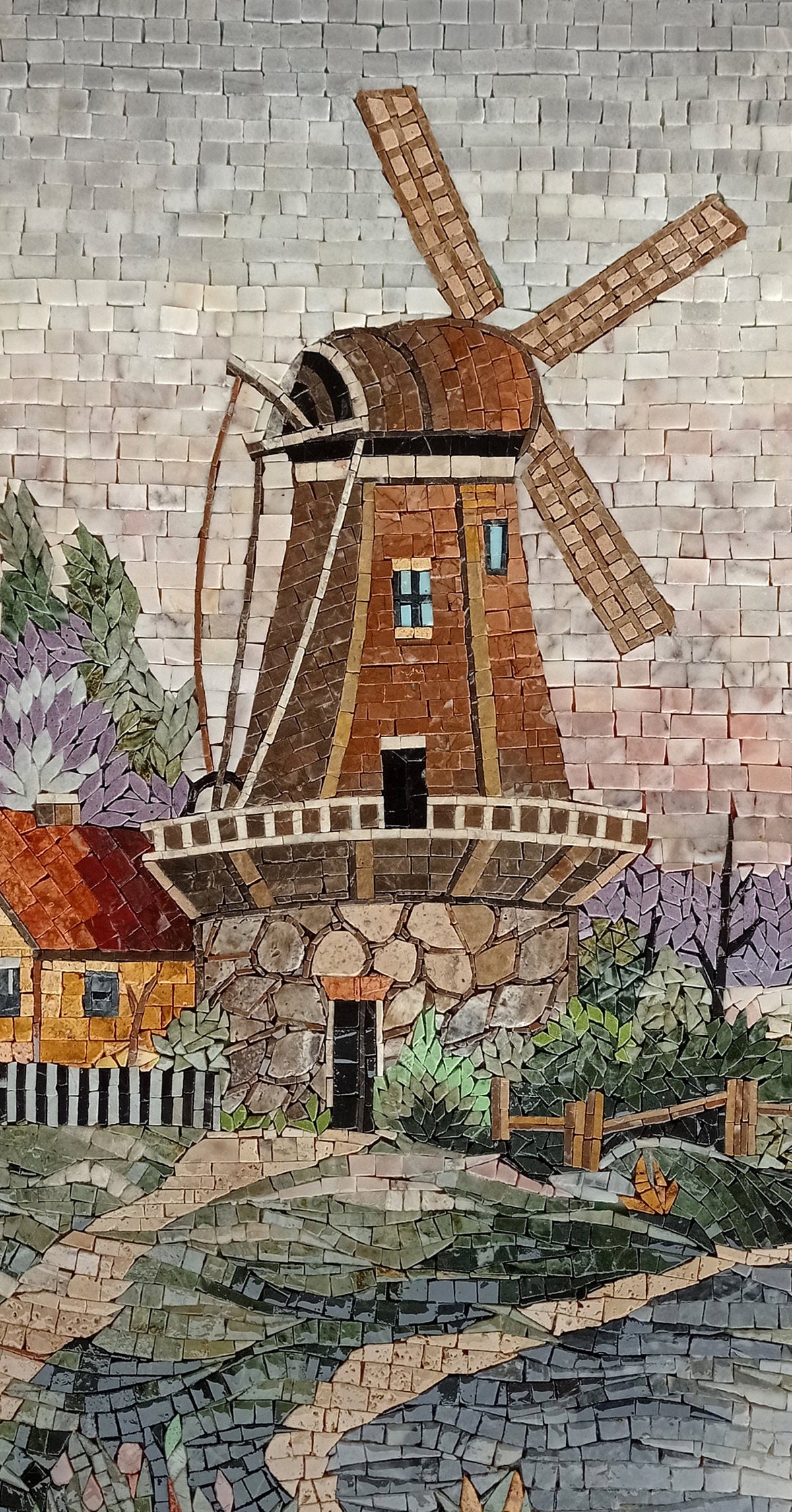 Handmade Marble Mosaic Wall Art: Windmill Landscape Scene