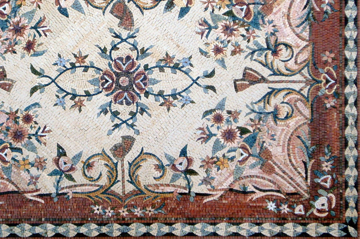 Floral Mosaic Rug: Handmade Marble Stone Art (80” x 54")
