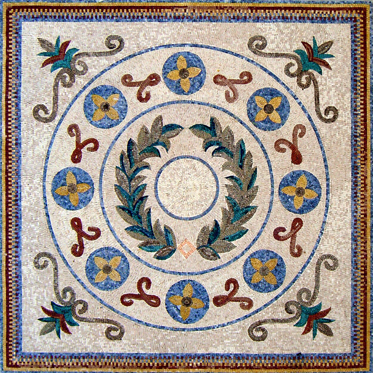 40" Marble Mosaic Tile Medallion: Botanical Floral Artwork