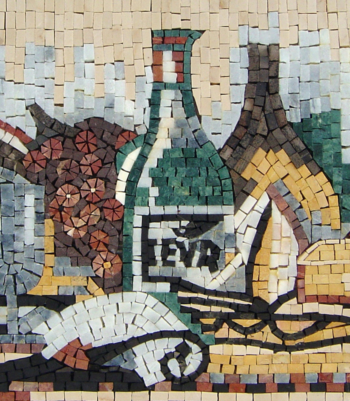 Wine Bottles Mosaic Art: Handmade Marble Still Life Wall Decor