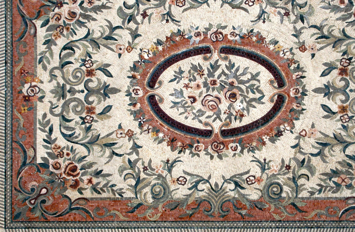 Handmade Marble Stone Mosaic Rug: Floral Art Tile Carpet (92” x 60")