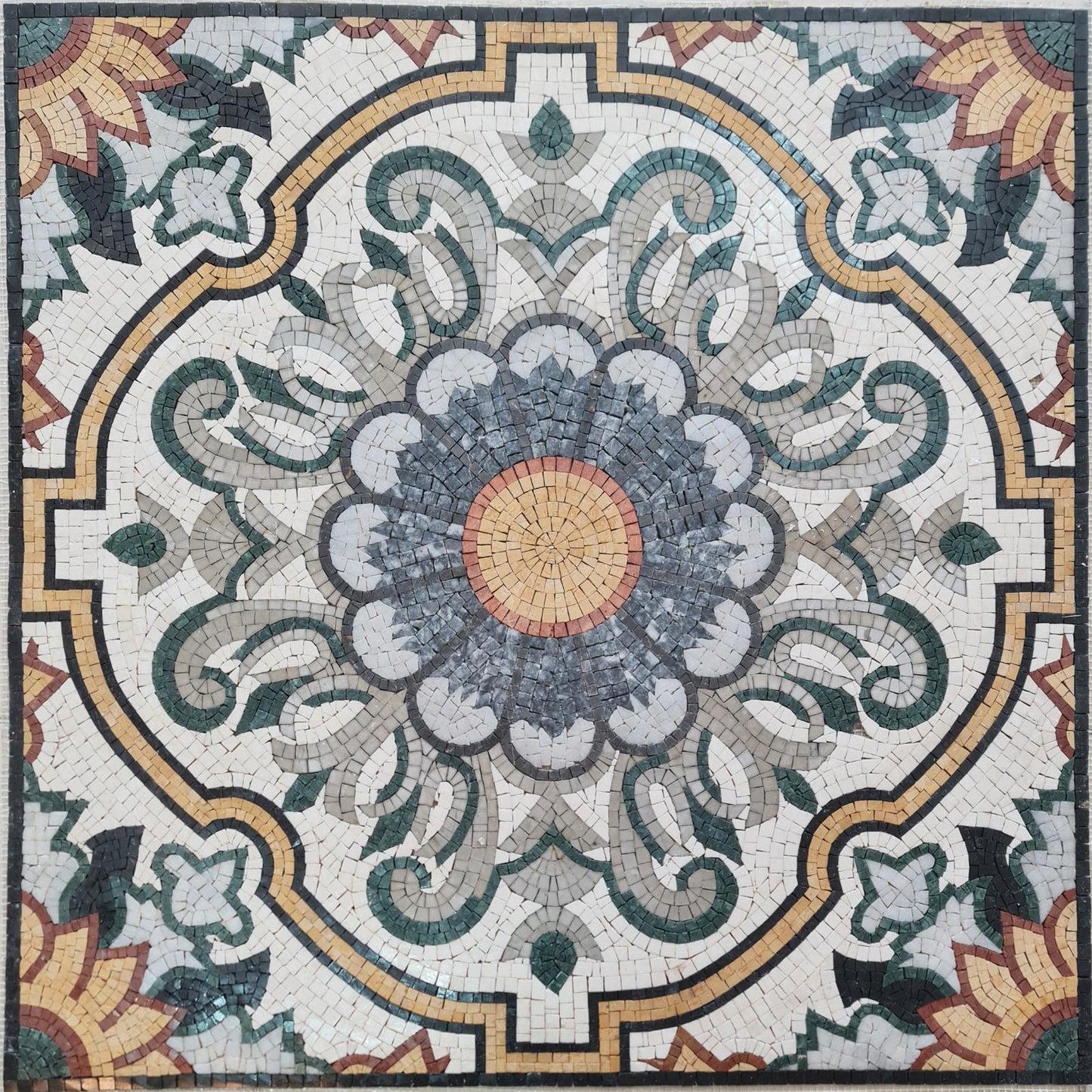 32″×32″ Architectural Mosaic Floor Medallion – Handmade Marble Tile Inlay, Classic Geometric Design, Customization available