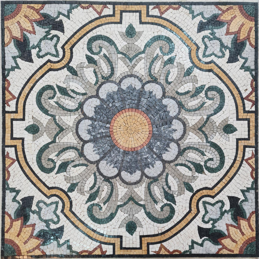 32″×32″ Architectural Mosaic Floor Medallion – Handmade Marble Tile Inlay, Classic Geometric Design, Customization available