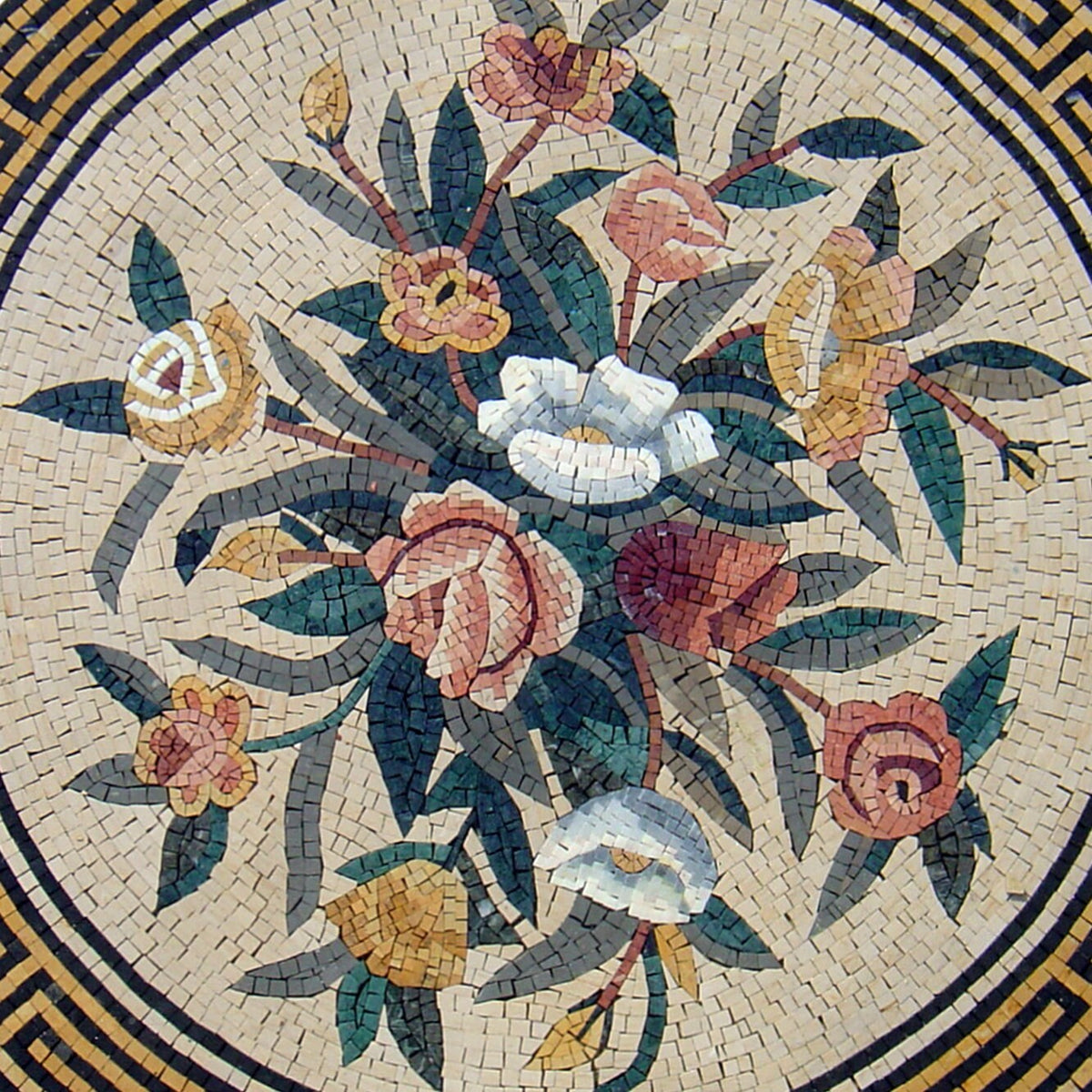 48" Handmade Marble Mosaic Medallion: Flowers & Vine