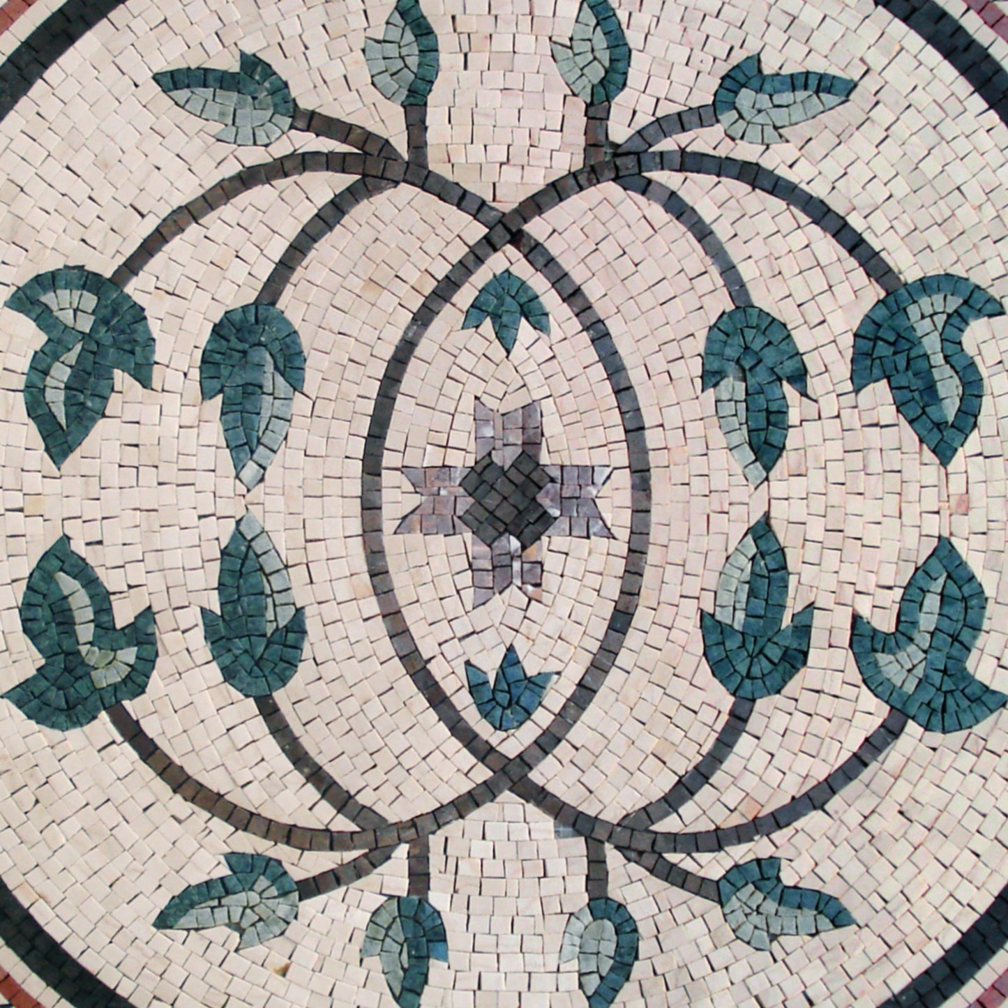 32” Handmade Marble Mosaic Tile: Geometric Botanical Medallion