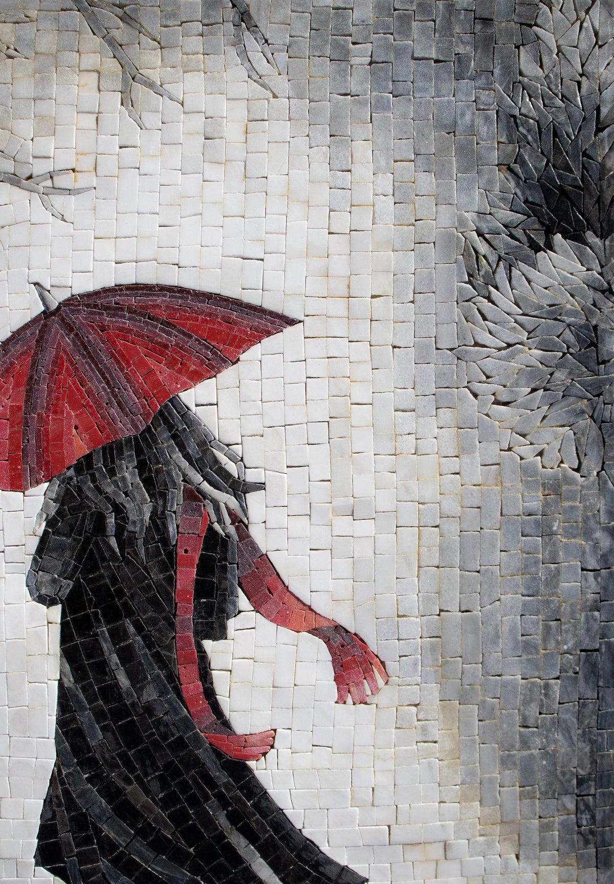 Handmade Marble Mosaic Art: Women in Rain with Red Umbrella (28” x 20”)